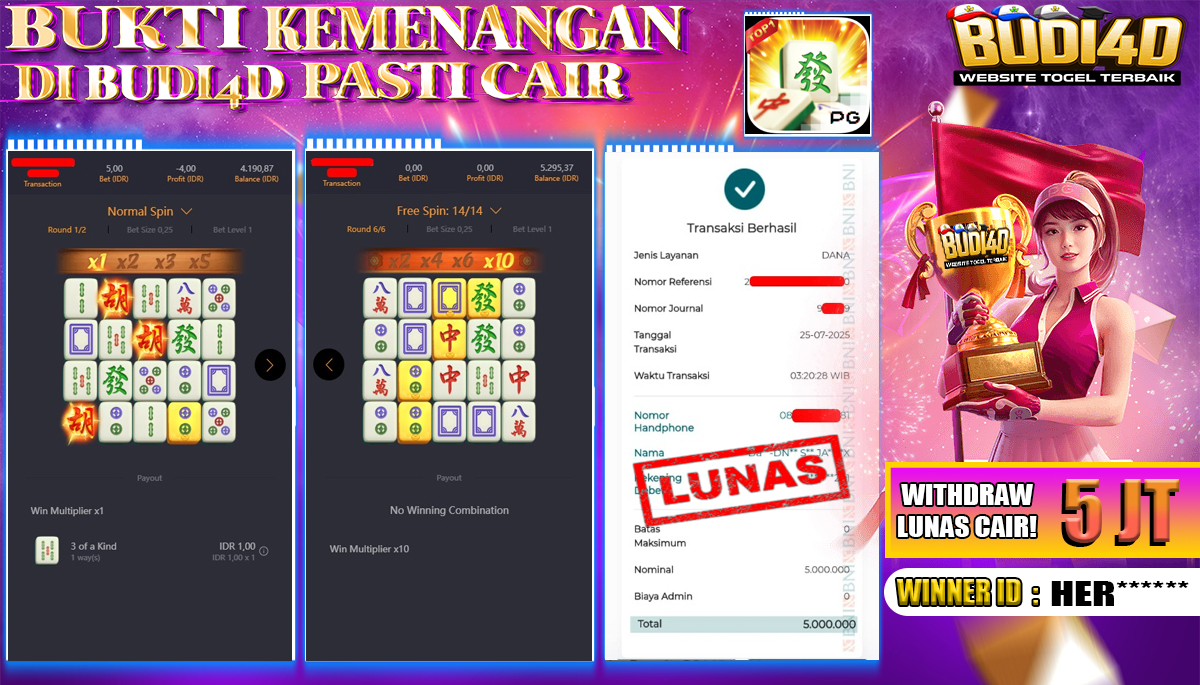 BUDI4D JACKPOT USERID: HER*** SLOT PGSOFT MAHJONG WAYS Rp.5.000.000,- LUNAS